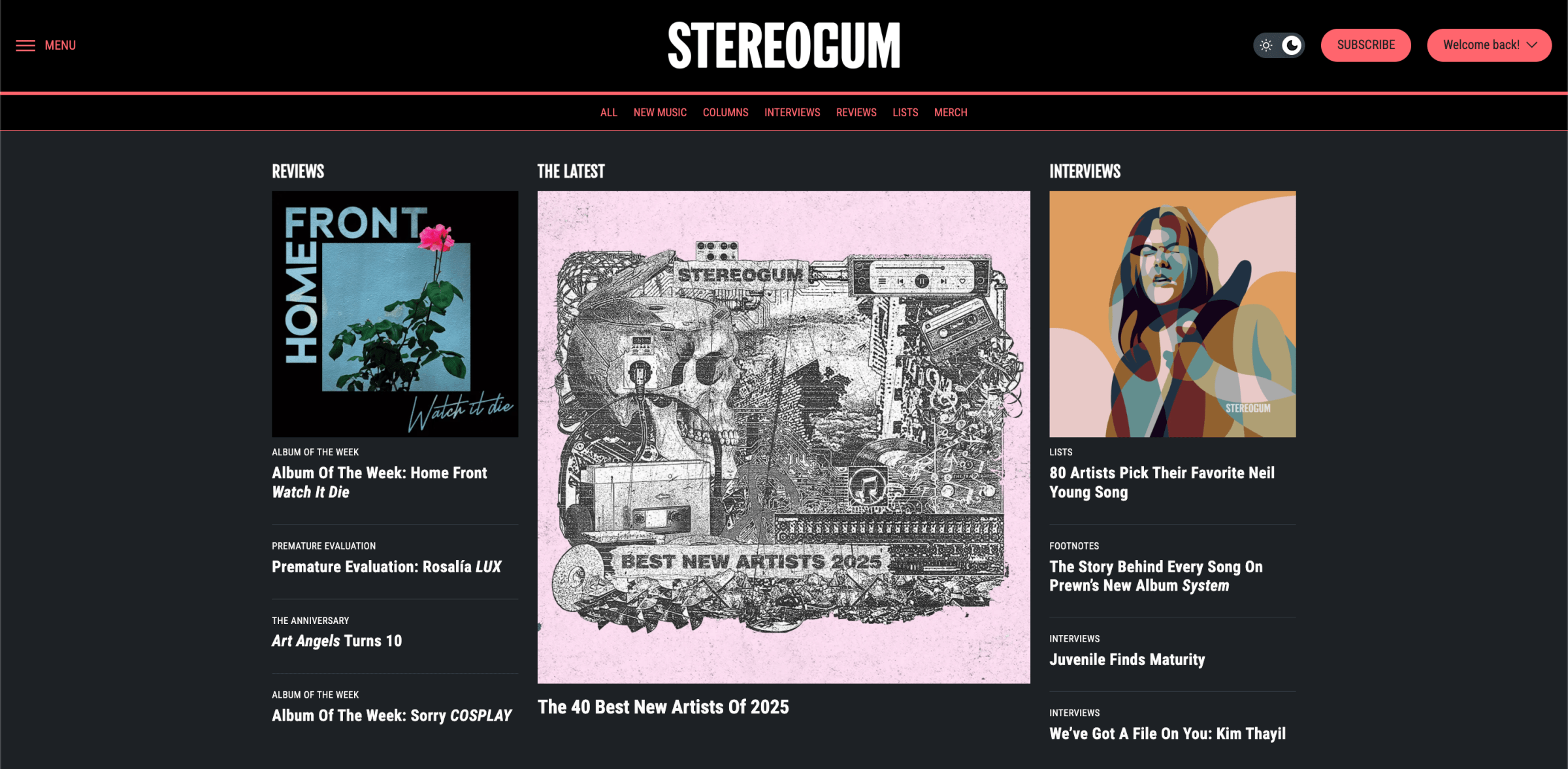 Stereogum’s new home page in dark mode.